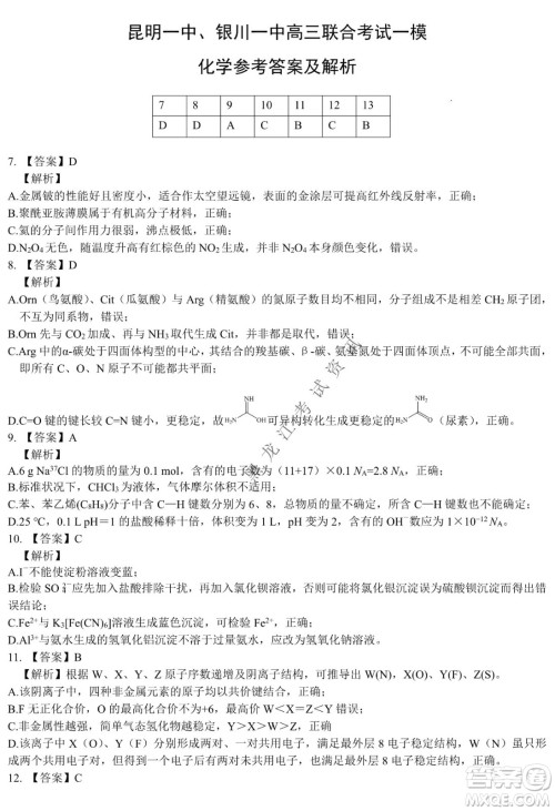 昆明一中、银川一中高三联合考试一模理科综合试卷及答案