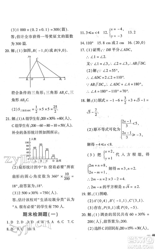 济南出版社2022黄冈360度定制密卷七年级数学下册RJ人教版答案