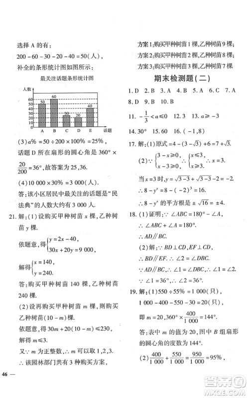 济南出版社2022黄冈360度定制密卷七年级数学下册RJ人教版答案