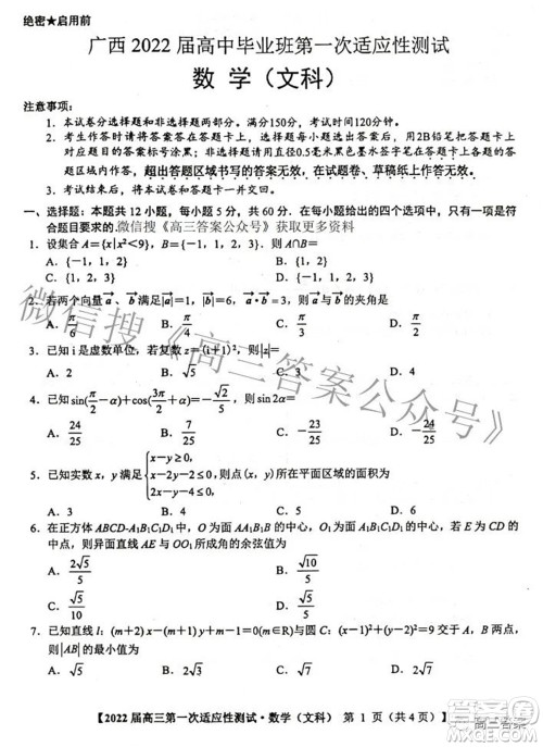 广西2022届高中毕业班第一次适应性测试文科数学试题及答案