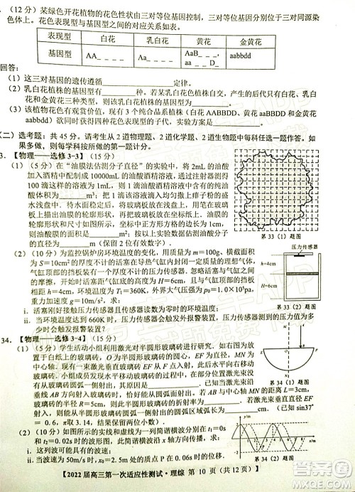 广西2022届高中毕业班第一次适应性测试理科综合试题及答案