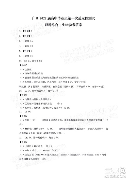 广西2022届高中毕业班第一次适应性测试理科综合试题及答案 广西2022届高中毕业班第一次适应性测试理科综合试题及答案