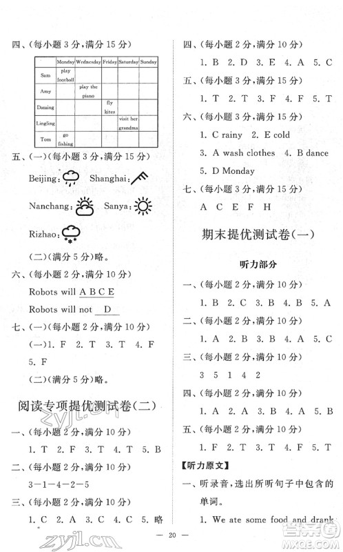 山东友谊出版社2022小学同步练习册提优测试卷四年级英语下册人教版答案