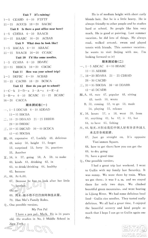 山东友谊出版社2022初中同步练习册提优测试卷七年级英语下册人教版答案
