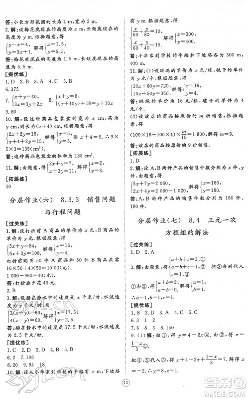 山东友谊出版社2022初中同步练习册提优测试卷七年级数学下册人教版答案