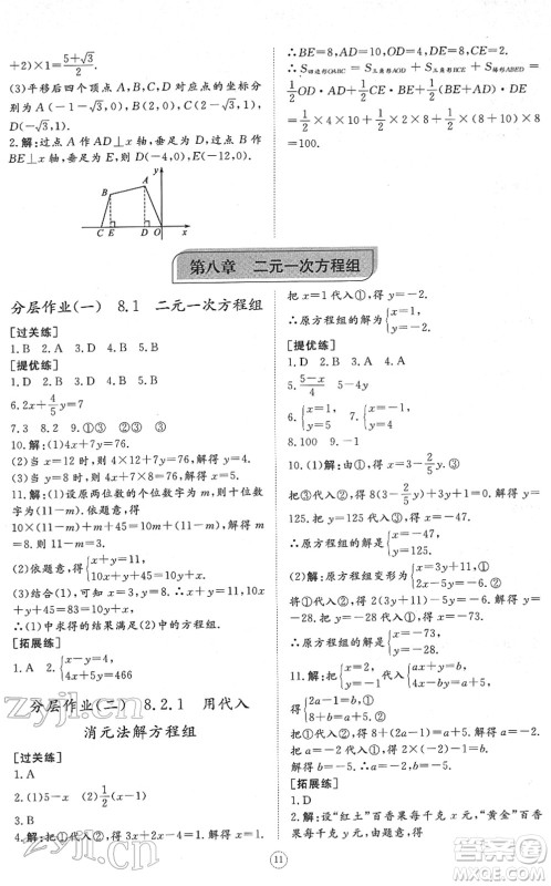 山东友谊出版社2022初中同步练习册提优测试卷七年级数学下册人教版答案