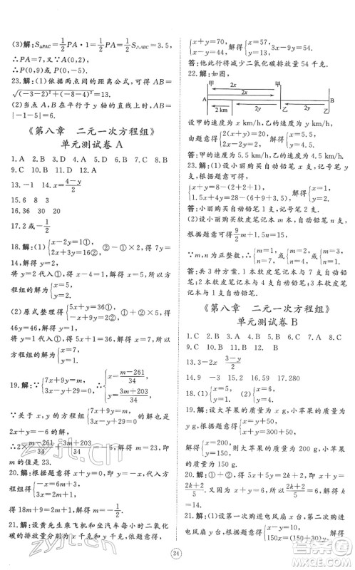 山东友谊出版社2022初中同步练习册提优测试卷七年级数学下册人教版答案