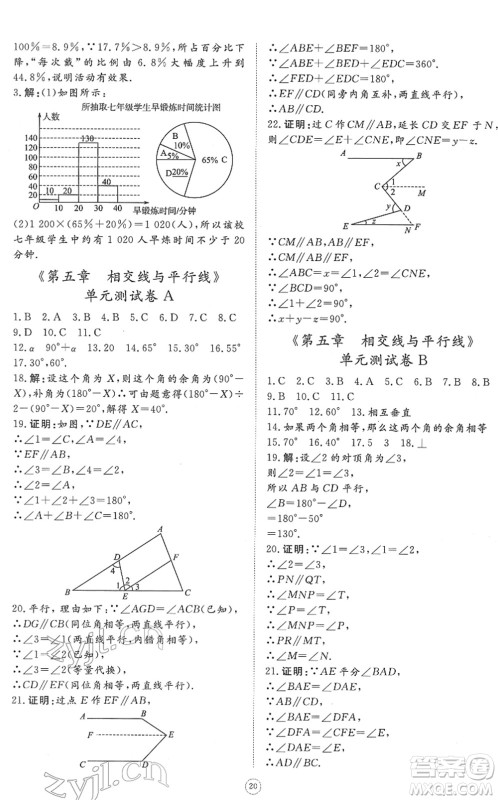 山东友谊出版社2022初中同步练习册提优测试卷七年级数学下册人教版答案