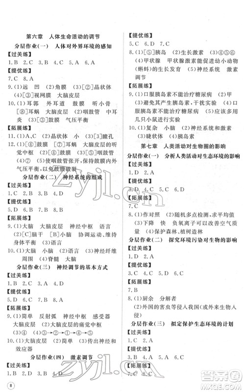 山东友谊出版社2022初中同步练习册提优测试卷七年级生物下册人教版答案 山东友谊出版社2022初中同步练习册提优测试卷七年级生物下册人教版答案