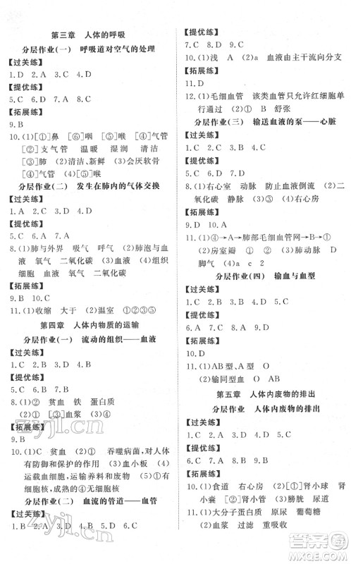 山东友谊出版社2022初中同步练习册提优测试卷七年级生物下册人教版答案 山东友谊出版社2022初中同步练习册提优测试卷七年级生物下册人教版答案
