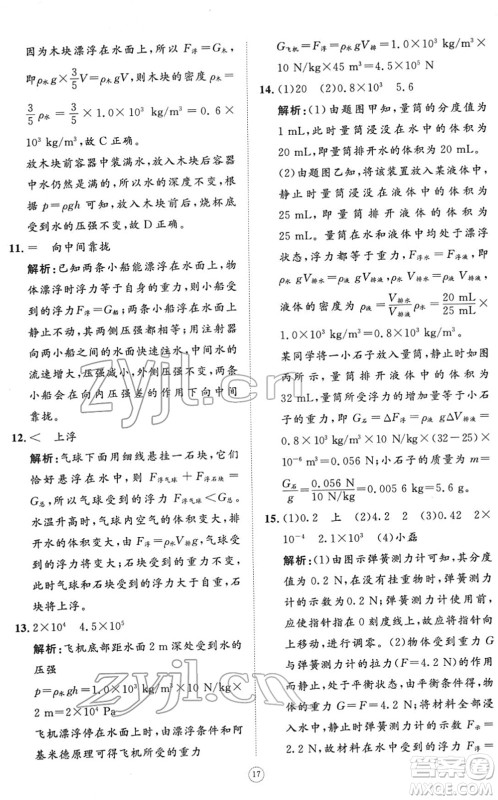 山东友谊出版社2022初中同步练习册提优测试卷八年级物理下册人教版答案