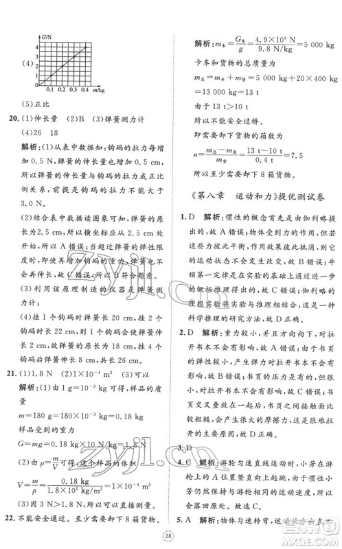 山东友谊出版社2022初中同步练习册提优测试卷八年级物理下册人教版答案