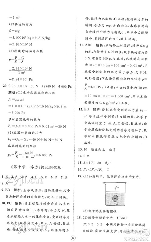 山东友谊出版社2022初中同步练习册提优测试卷八年级物理下册人教版答案