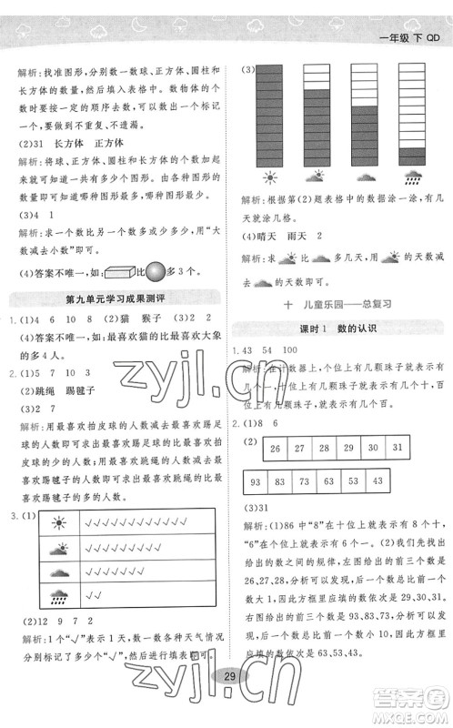 陕西师范大学出版总社2022黄冈同步练一日一练一年级数学下册QD青岛版答案