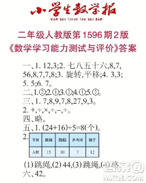 2022春小学生数学报二年级第1596期答案 2022春小学生数学报二年级第1596期答案