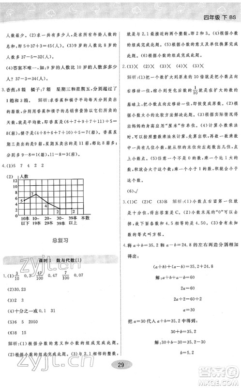 陕西师范大学出版总社2022黄冈同步练一日一练四年级数学下册BS北师版答案