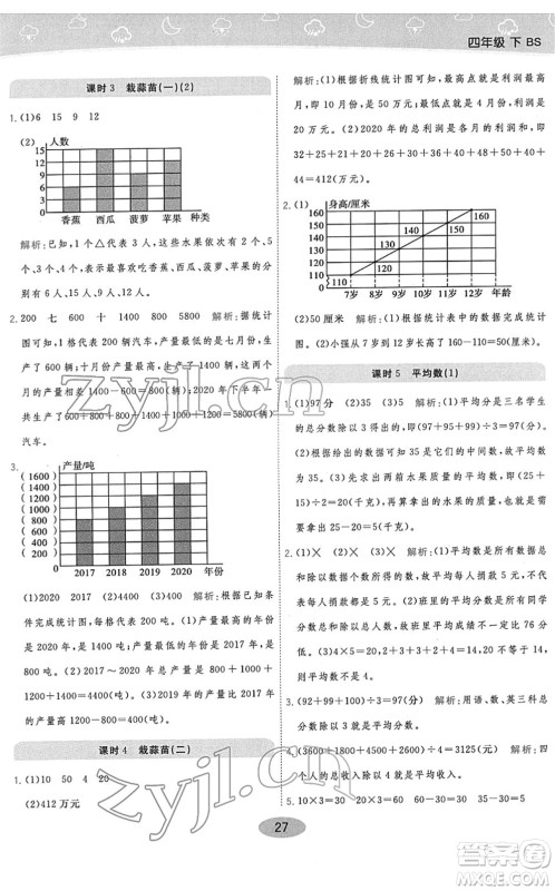 陕西师范大学出版总社2022黄冈同步练一日一练四年级数学下册BS北师版答案