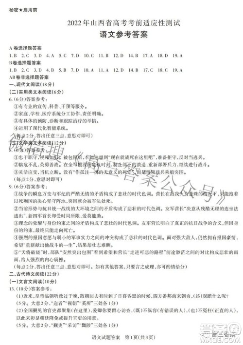 2022年山西省高考考前适应性测试语文试题及答案