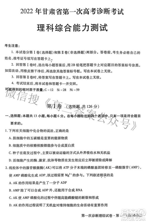 2022年甘肃省第一次高考诊断考试理科综合试题及答案