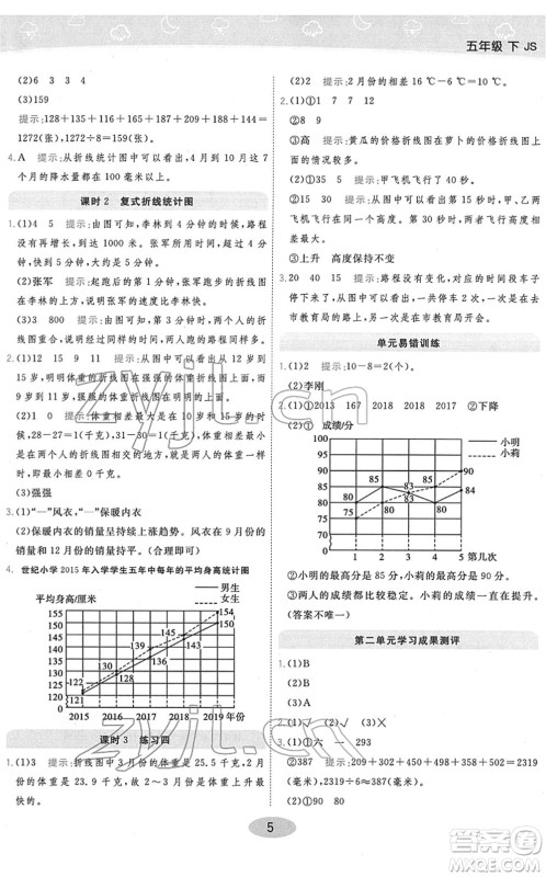 开明出版社2022黄冈同步练一日一练五年级数学下册JS江苏版答案