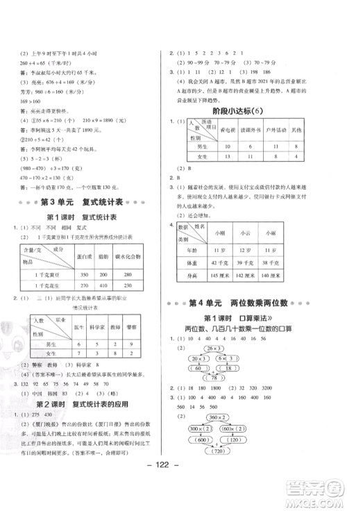 陕西人民教育出版社2022典中点综合应用创新题三年级数学下册人教版福建专版参考答案