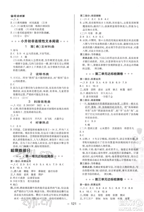 陕西人民教育出版社2022典中点综合应用创新题六年级语文下册人教版福建专版参考答案