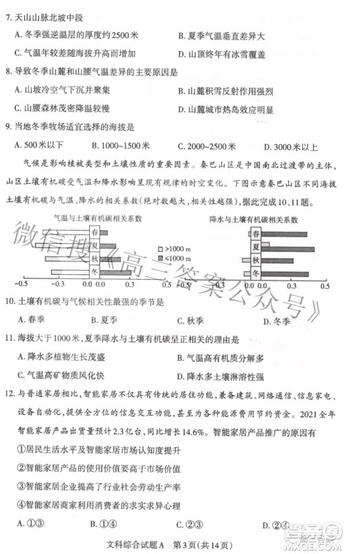 2022年山西省高考考前适应性测试文科综合试题及答案