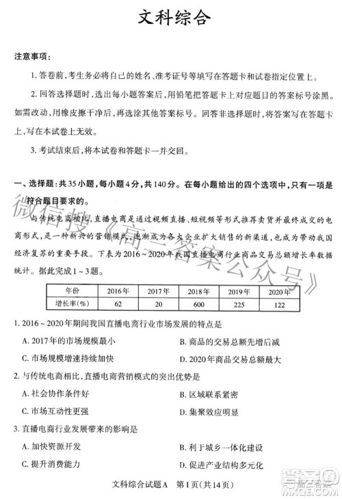 2022年山西省高考考前适应性测试文科综合试题及答案