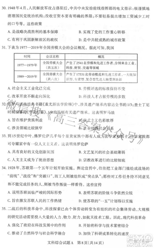 2022年山西省高考考前适应性测试文科综合试题及答案