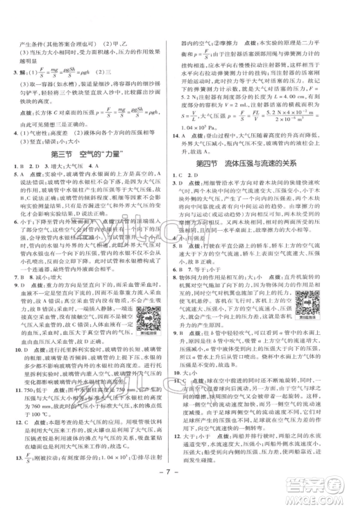 陕西人民教育出版社2022典中点综合应用创新题八年级物理下册沪科版参考答案