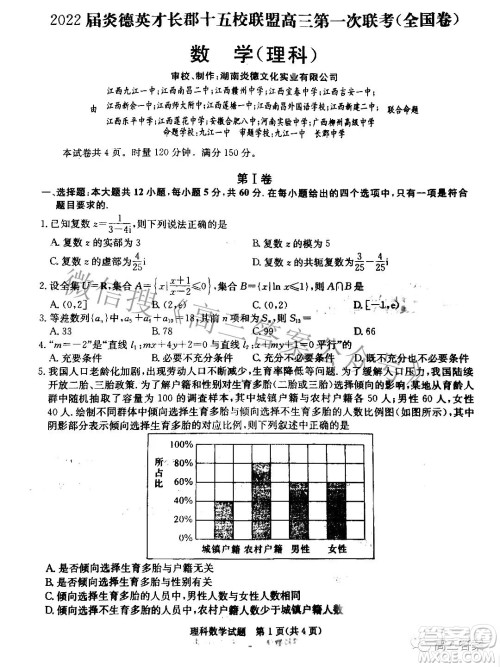 2022届炎德英才长郡十五校联盟高三第一次联考全国卷理科数学试题及答案 2022届炎德英才长郡十五校联盟高三第一次联考全国卷理科数学试题及答案