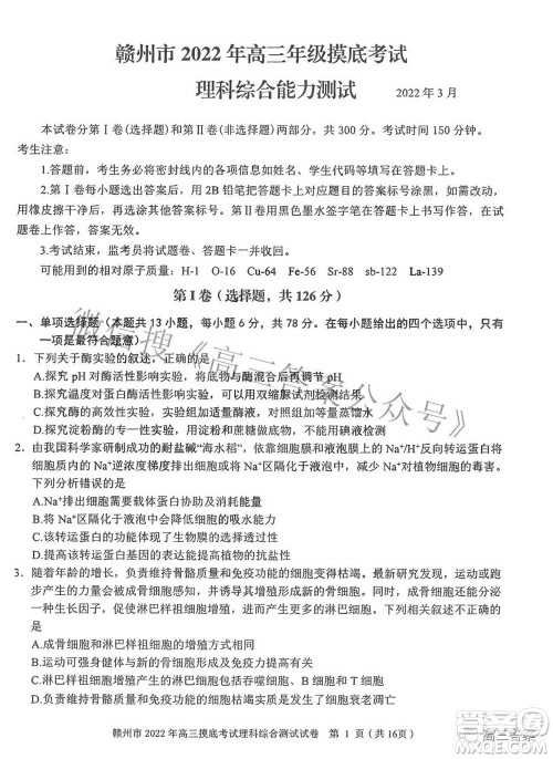 赣州市2022年高三年级摸底考试理科综合试题及答案 赣州市2022年高三年级摸底考试理科综合试题及答案