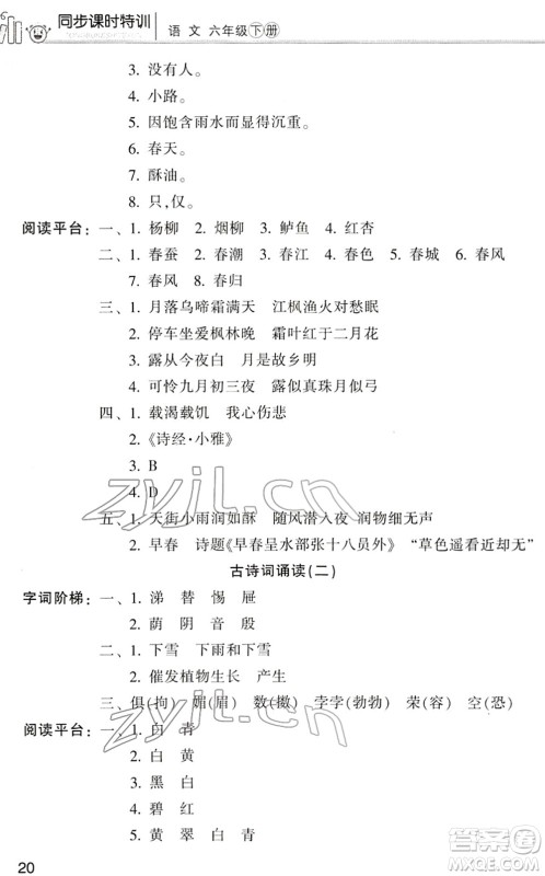 浙江少年儿童出版社2022同步课时特训六年级语文下册R人教版答案