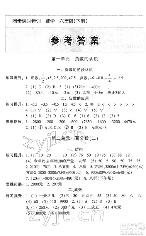 浙江少年儿童出版社2022同步课时特训六年级数学下册R人教版答案