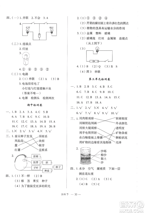 浙江工商大学出版社2022名师面对面先学后练四年级科学下册教科版参考答案