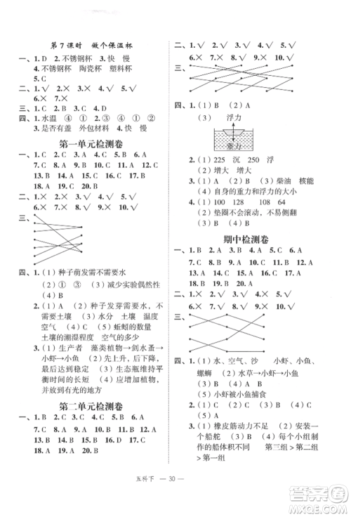 浙江工商大学出版社2022名师面对面先学后练五年级科学下册教科版参考答案