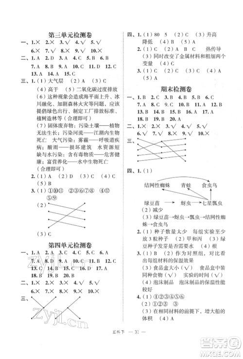 浙江工商大学出版社2022名师面对面先学后练五年级科学下册教科版参考答案