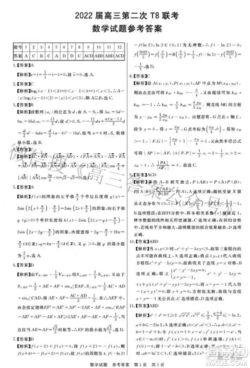 2022届高三第二次T8联考数学试题及答案