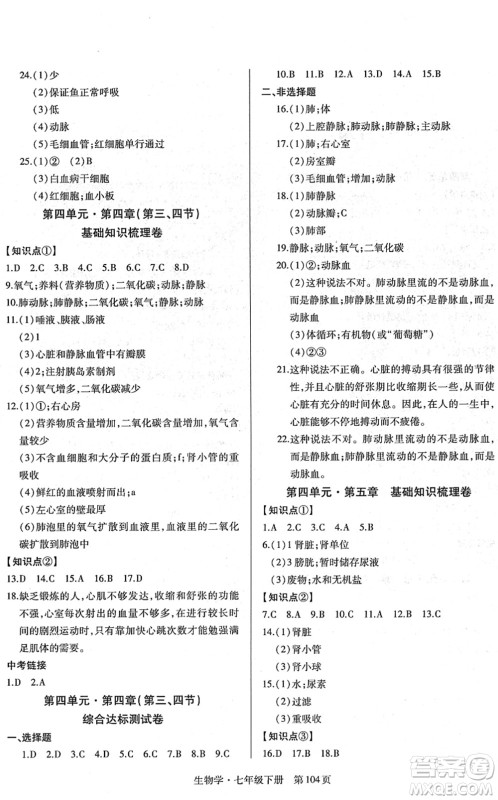 明天出版社2022初中同步练习册自主测试卷七年级生物下册人教版答案