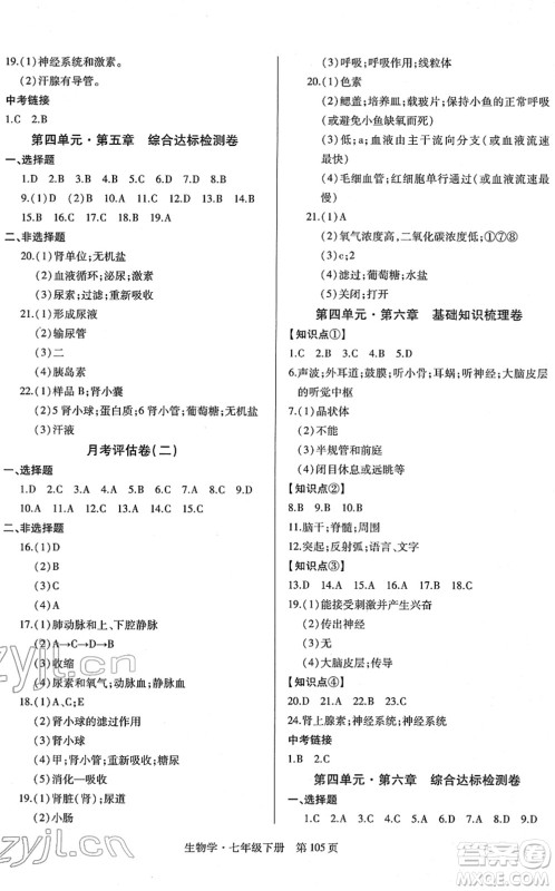 明天出版社2022初中同步练习册自主测试卷七年级生物下册人教版答案