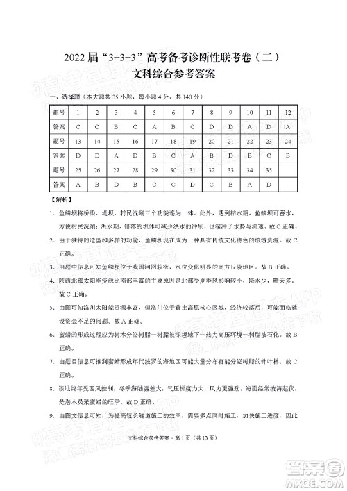 2022届3+3+3高考备考诊断性联考卷二文科综合试题及答案