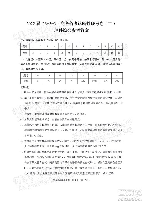 2022届3+3+3高考备考诊断性联考卷二理科综合试题及答案 2022届3+3+3高考备考诊断性联考卷二理科综合试题及答案