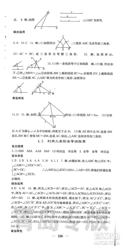 四川大学出版社2022名校课堂内外七年级数学下册BS北师版青岛专版答案