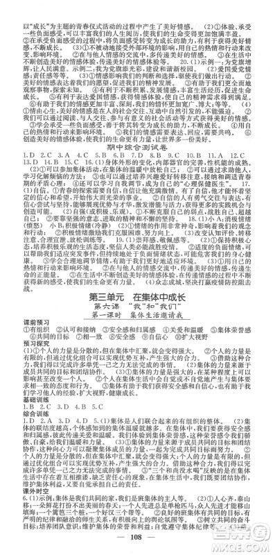 四川大学出版社2022名校课堂内外七年级道德与法治下册RJ人教版答案