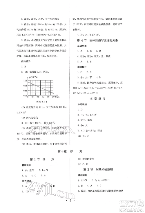 人民教育出版社2022同步解析与测评八年级下册物理人教版山西专版参考答案