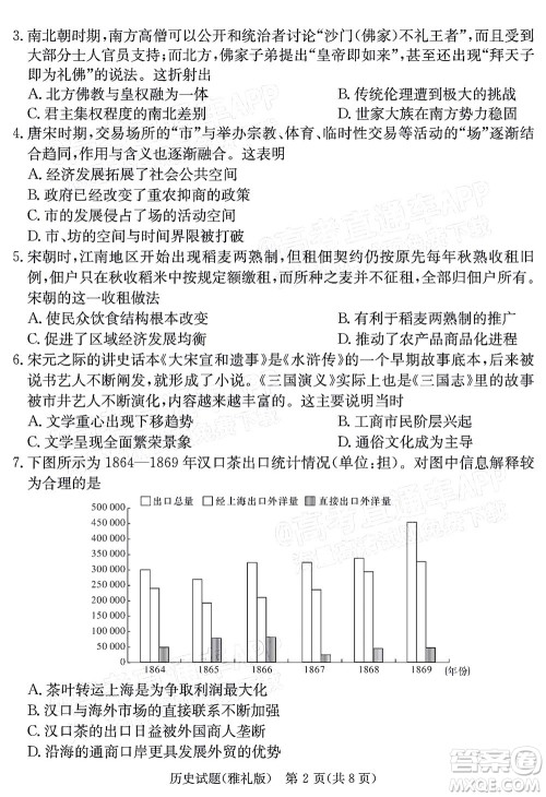 炎德英才大联考雅礼中学2022届高三月考试卷七历史试题及答案