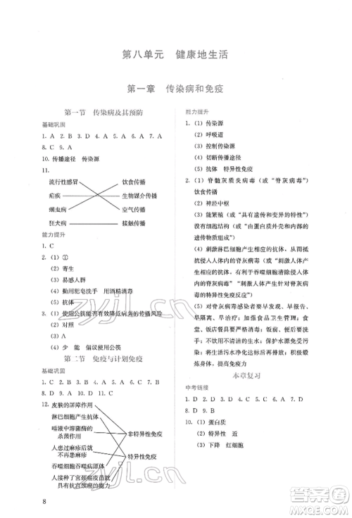 人民教育出版社2022同步解析与测评八年级下册生物学人教版山西专版参考答案