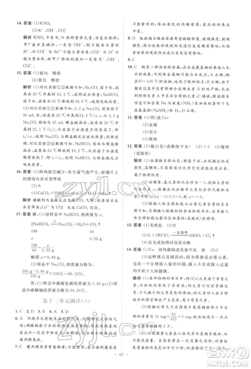 人民教育出版社2022同步解析与测评学考练九年级下册化学人教版参考答案