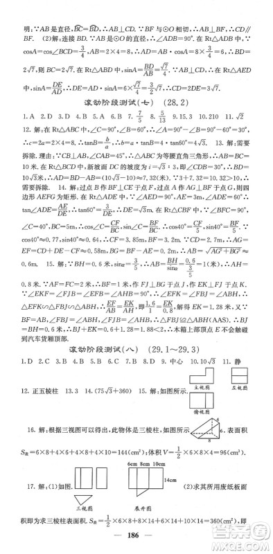 四川大学出版社2022名校课堂内外九年级数学下册RJ人教版答案