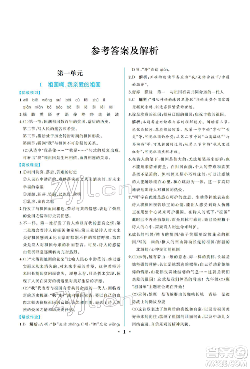 人民教育出版社2022同步解析与测评九年级下册语文人教版重庆专版参考答案